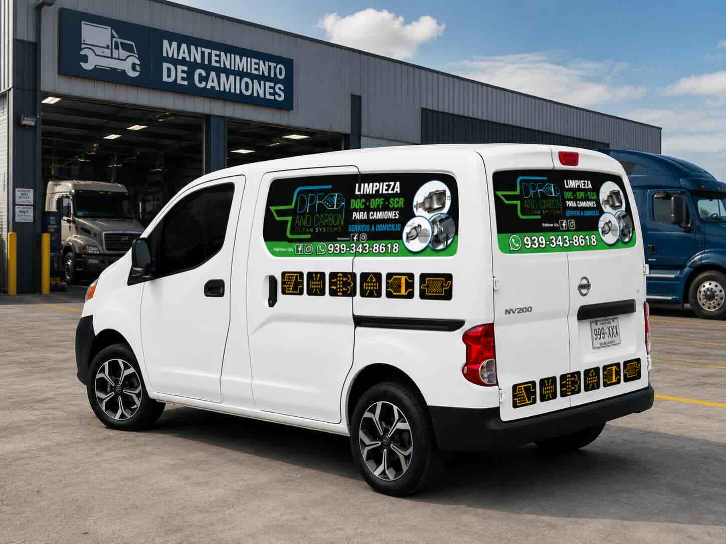 Van rotulada de DPF & Carbo Clean System frente a un taller de mantenimiento de camiones